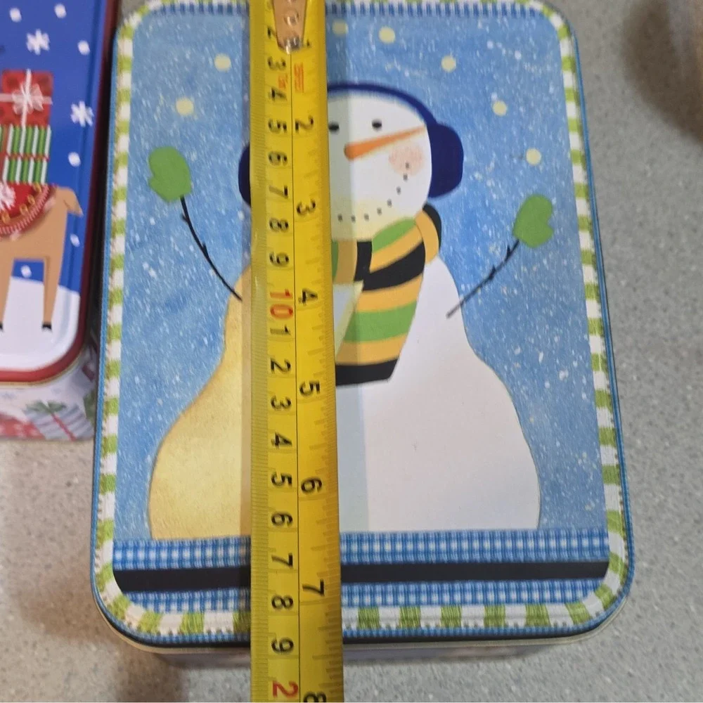 Set of 4 Christmas Snowman Tin Boxes, Rectangle, Square, Bell, Lids Included,